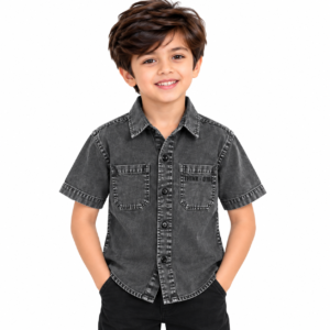 maylone kids boy denim charcoal grey half sleeve shirt dual pockets (2)