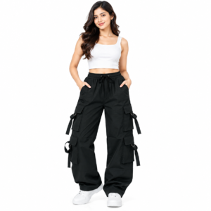 studio model in black cargo trousers
