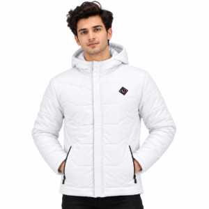 white hooded puffer jacket product portrait