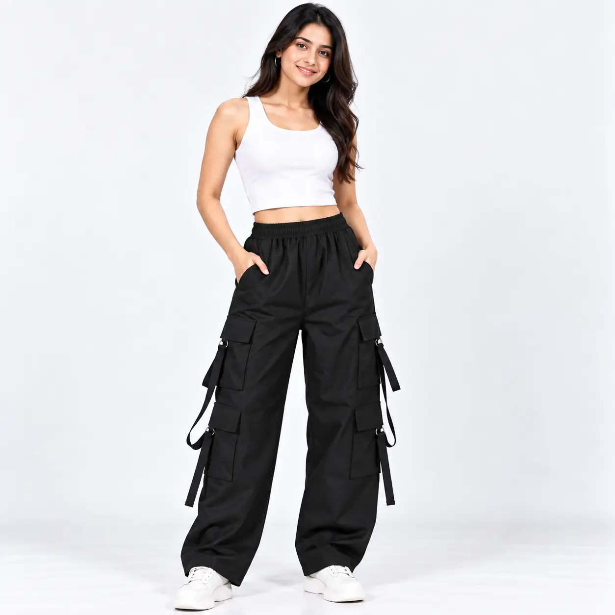 Home zex zerry girl 6 pockets casual black cargo pants