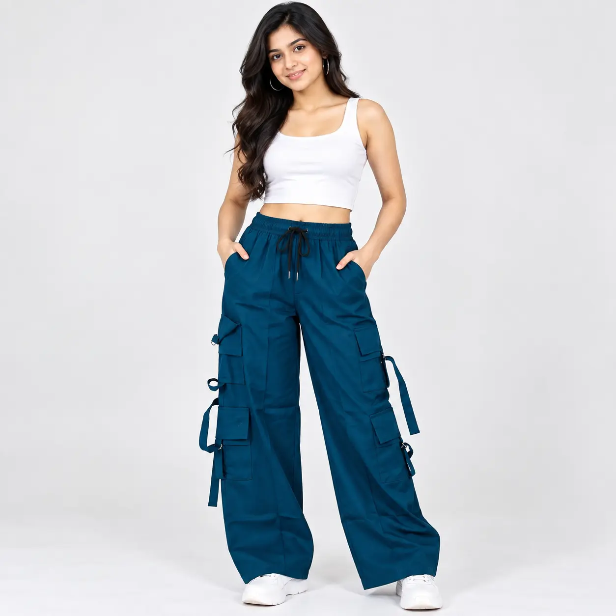 Home zex zerry girl 6 pockets teal blue casual cargo pants