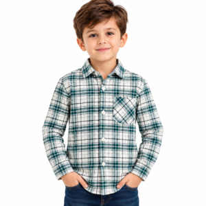 smiling boy in plaid shirt