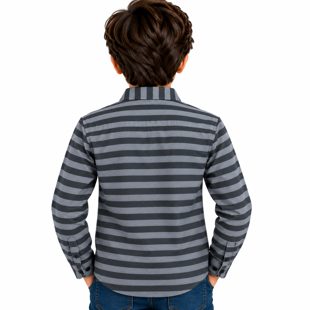 striped shirt and denim jeans back view striped shirt and denim jeans back view